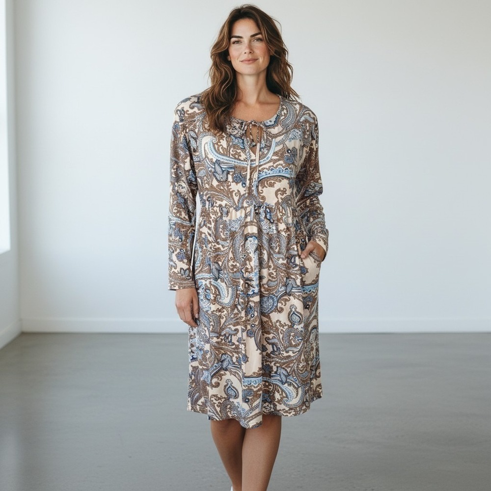 Suzanne Betro Womens M Jersey Cotton Blend Tie Pockets Paisley Print Midi Dress